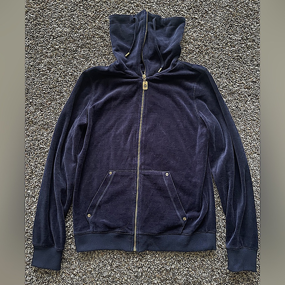 MICHAEL KORS Cowl Neck Full Zip Up Blue Gold Suede Jacket Women's Size Small